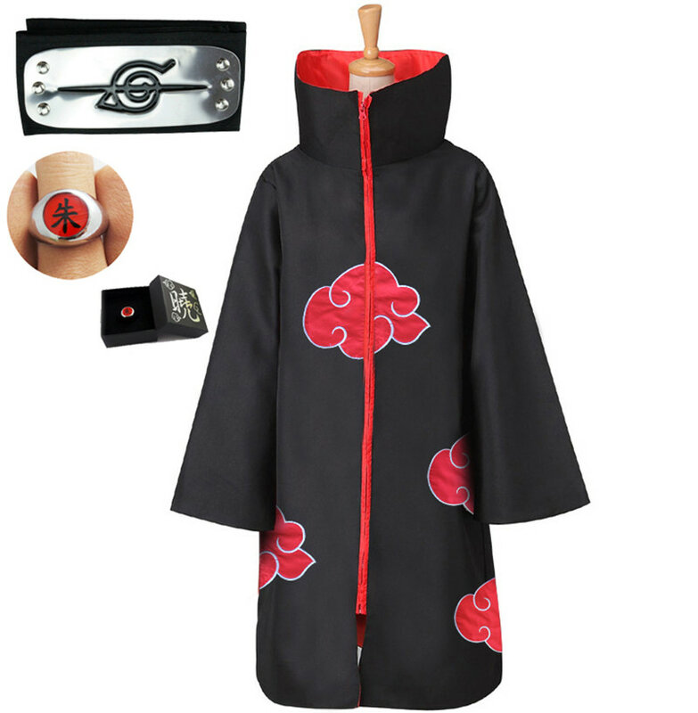 Anime Naruto kostium z płaszczem Akatsuki Uchiha Itachi naszyjnik z pałąkiem na głowę pierścień płaszcz dorosły dziecko Cosplay halloween odzież zestaw