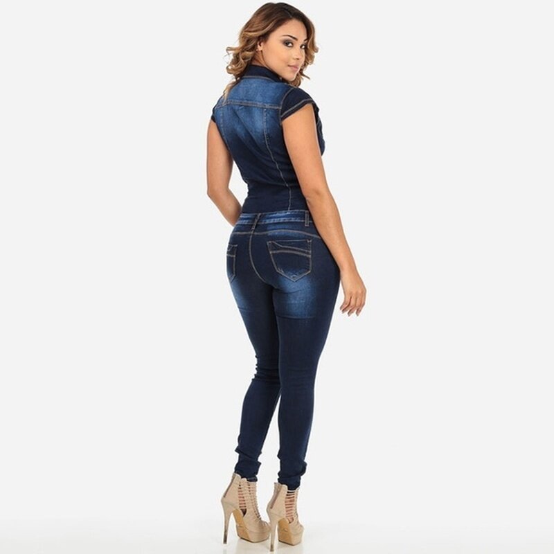 Nowe kombinezony dżinsy damskie z krótkim rękawem denimowe fartuchy koszula pajacyki dziewczęce spodnie jeansowe S-XL body