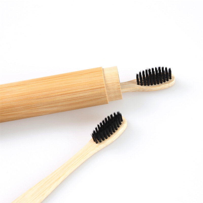 Juego de cepillos de dientes de bambú Natural para adultos y niños, cepillo de dientes de bambú opcional, soporte de viaje portátil, lavable, sin BPA, estuche de bambú, 1 Juego