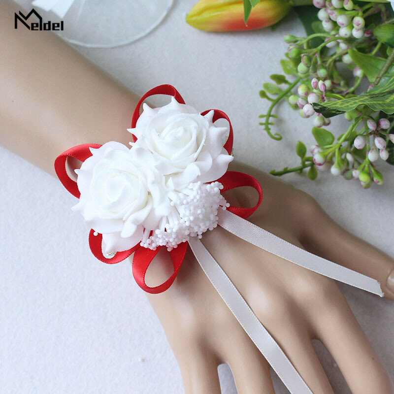 Pulseira de corpete de flores, bracelete de flores artificial para casamento, dama de honra, irmãs, fita de mão, rosas, planejador de casamento