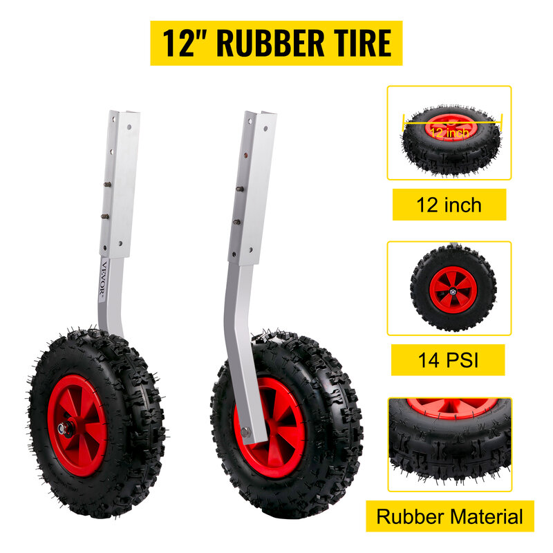 VEVOR 2Pcs Inflatable Boat Launching Wheel 227 KG Weight Load Capacity Aluminum Frame 31CM Diameter Rubber Tire Ship Moving Tool