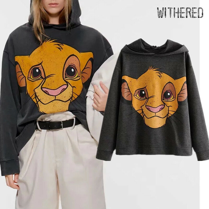 Whithered BTS 2019winter hoodies women high street vintage cartoon lion printing oversize hooded sweatshirt women pullovers tops