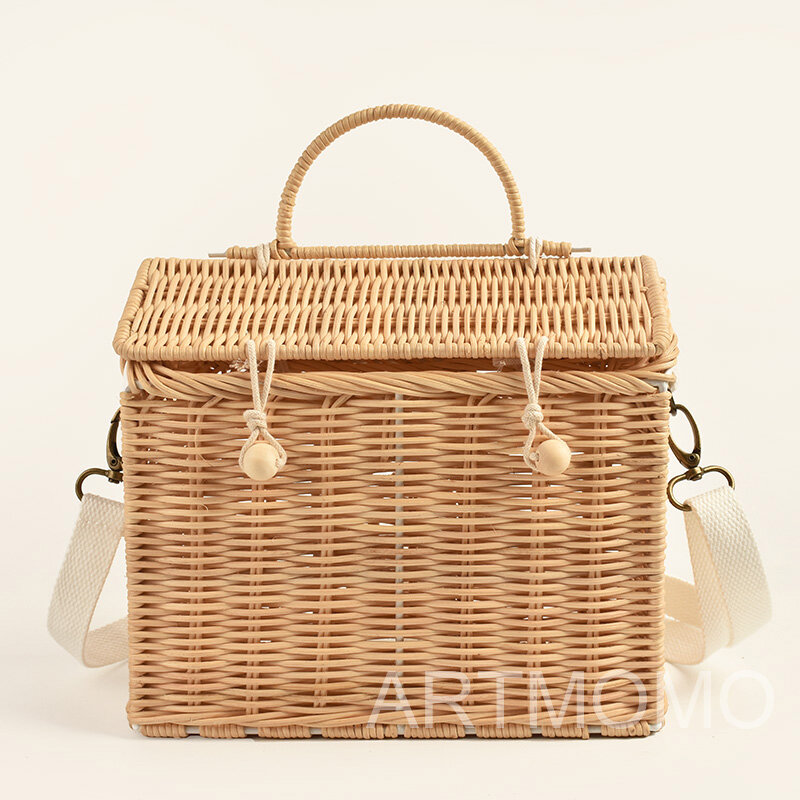Nordic Style INS Fashion Handmade Rattan Vintage Basket bag Kids Shoulder Bag House Shape Best Gift for Girls Crossbody bag