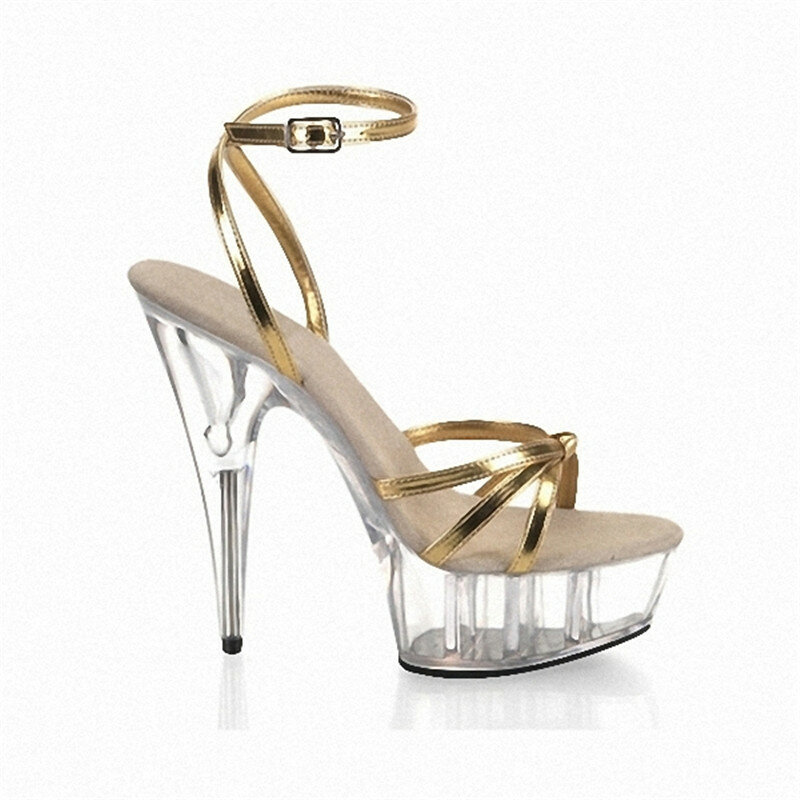 Summer sandals with 6-inch heels and 15-centimeter soles plated in gold.Club sexy pole dancing shoes
