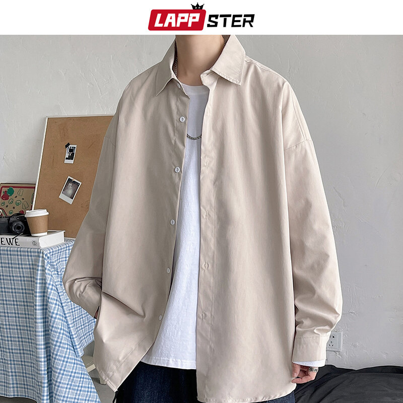 LAPPSTER-camisas blancas de manga larga para hombre, camisa Harajuku de gran tamaño con botones, color negro, moda coreana, 5XL, 2023