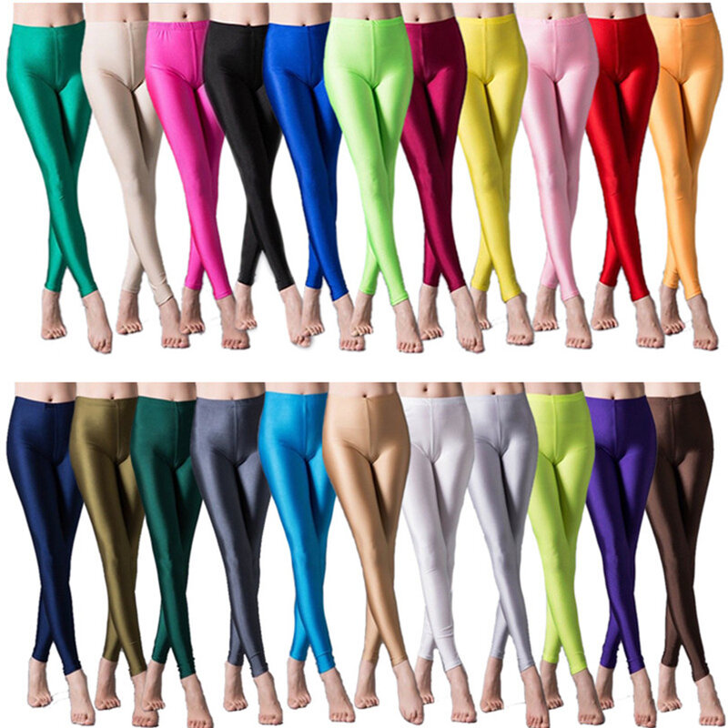 Leggings fluorescentes brilhantes de mulher, calça colorida, elastano, calça casual, brilhante, elasticidade, venda quente