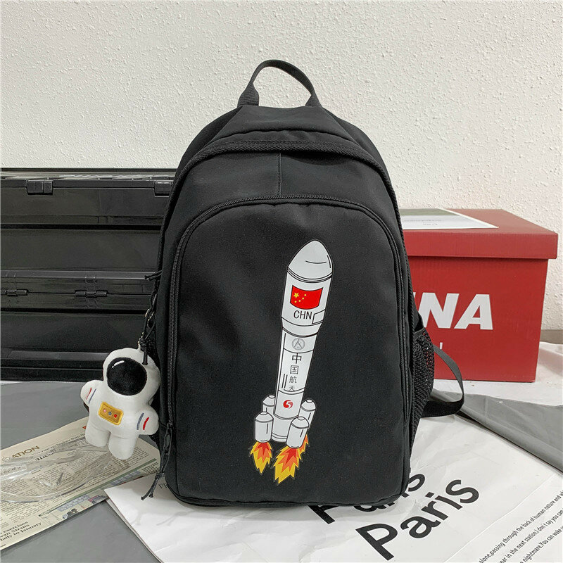 Kawaii bonito dos desenhos animados foguete padrão mochila unisex e grande capacidade estudante casal schoolbag para enviar boneca pingente