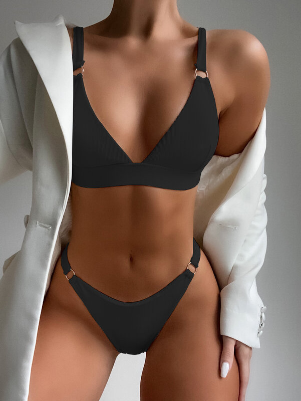 Bikini acolchado acanalado para mujer, traje de baño de dos piezas, cintura media, 2024