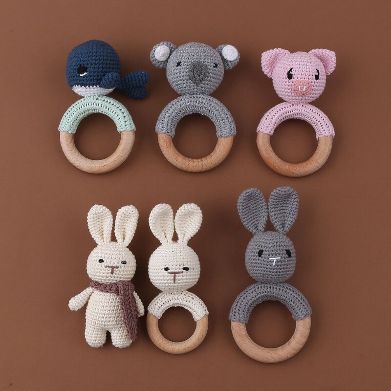 BPA Free Baby Wooden Teether Crochet Cartoon Baby Rattle Toys Wooden Ring Rodent Toys Mobile Gym Kids Newborn Educational Toys