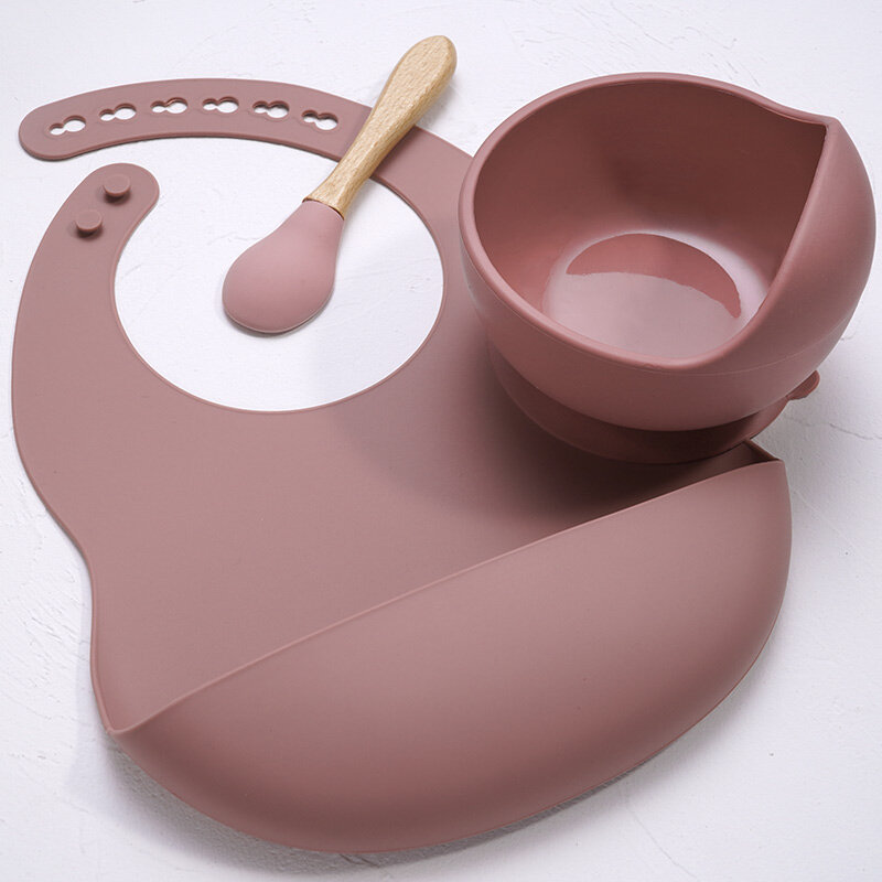 Детская силиконовая посуда без бисфенола А, водонепроницаемый слюнявчик, слюнявчик, однотонная чаша на присоске и ложка для детей