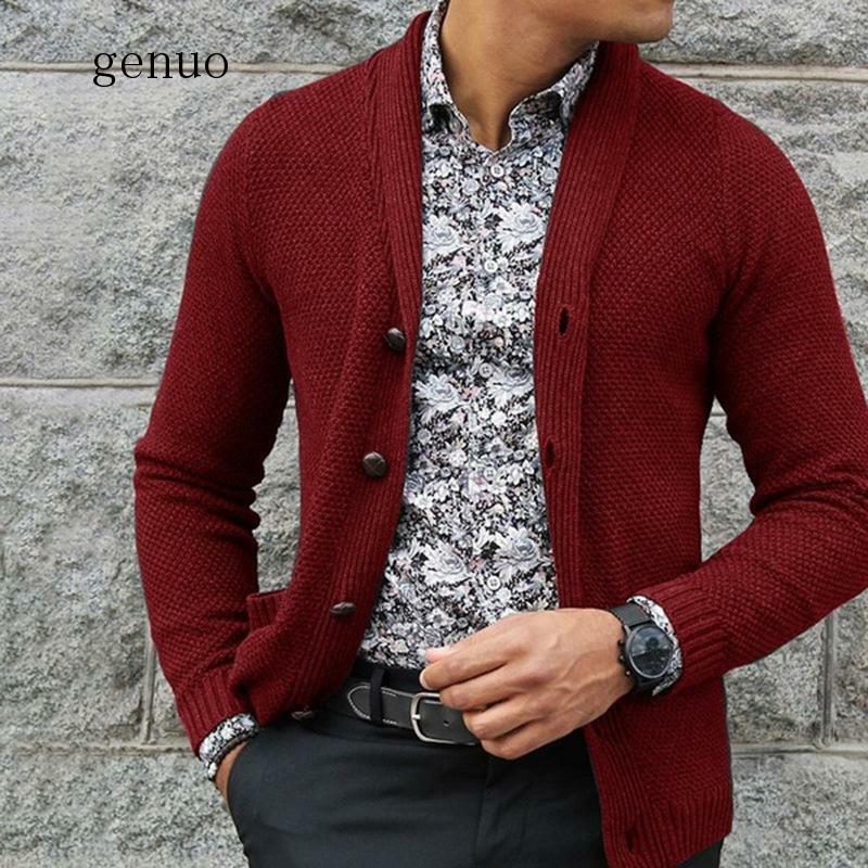 2020 New Men's Slim Fit Turn Down Collar Cardigan Outerwear Male Solid Color Knitted Cardigans Autumn Casual Sweaters Knitwear