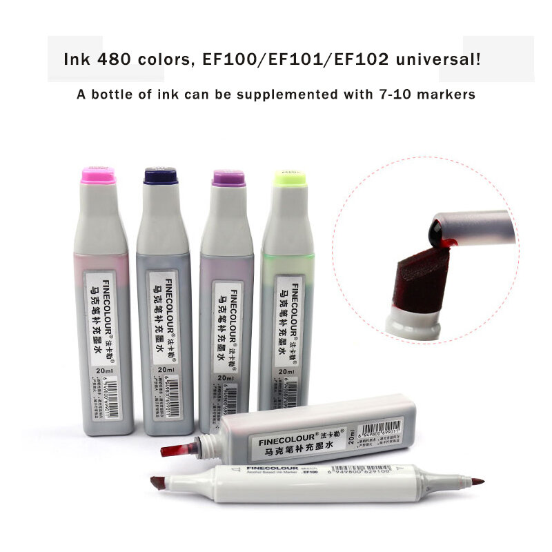 Finecolour-예술 유성 알코올 마커 잉크 20ML, EF100/101/102 범용 보충/보충제/채움 액체 잉크, 480 색