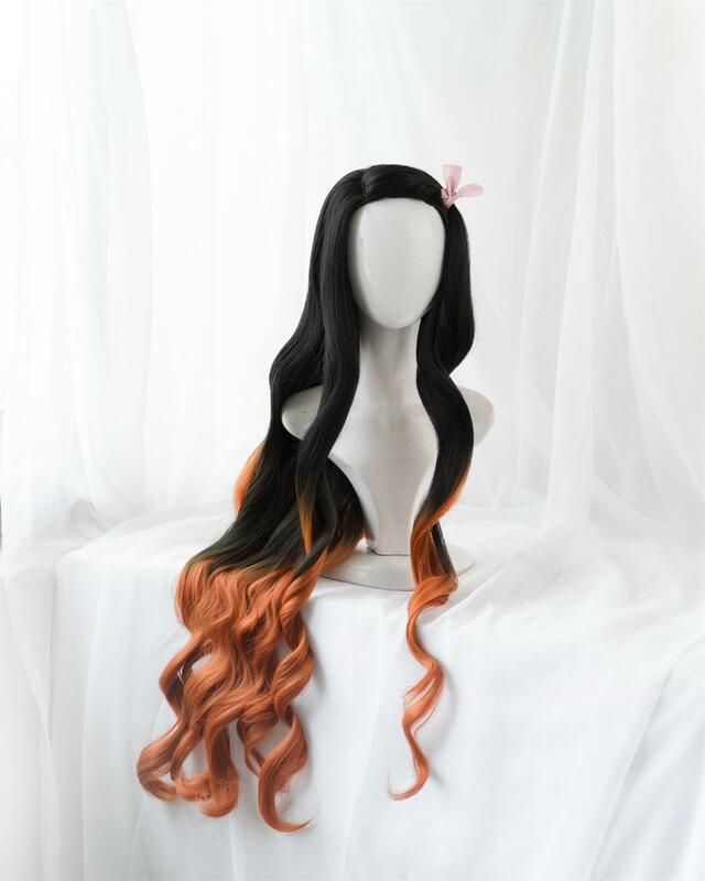 Pre-vendita UWOWO Demon Slayer: Kimetsu no Yaiba Kamado Nezuko parrucca Cosplay 95cm parrucca ondulata lunga nera arancione sfumata