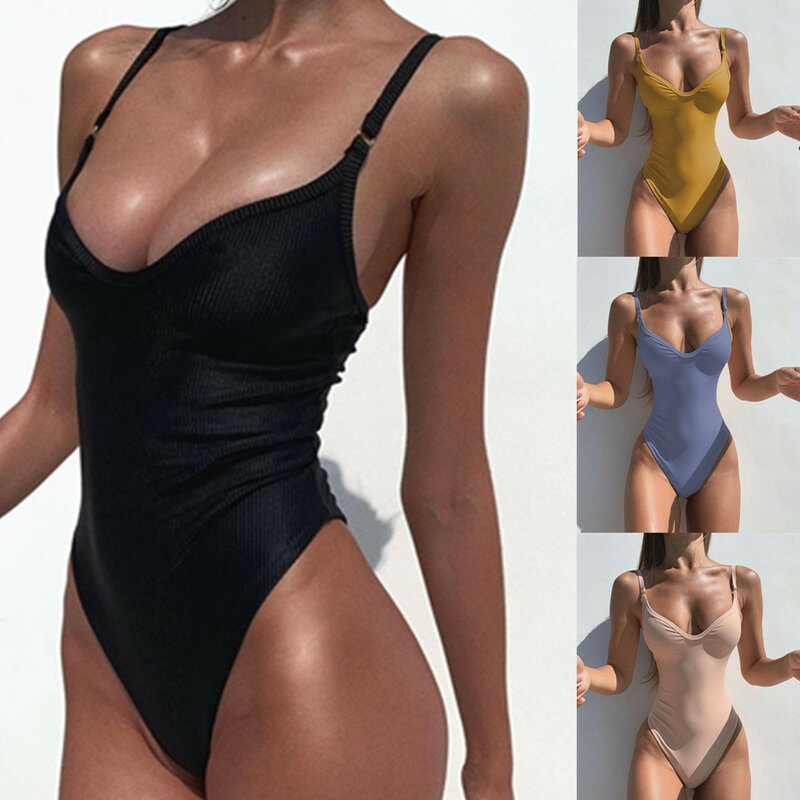Pakaian Renang Seksi Padat Swimwear Push Up One Piece Berenang Cocok untuk Wanita Wanita Pakaian Hitam