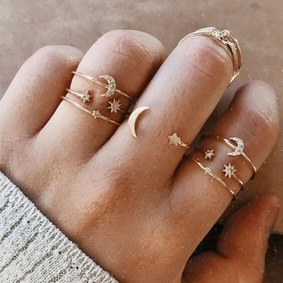 Conjunto de anéis de estrela e lua na cor dourada para mulheres, jóias vintage, estilo boho, acessórios de moda, novo 2020