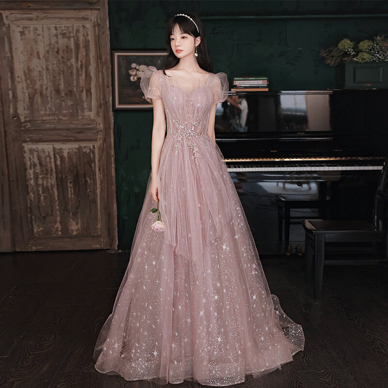 Koreaanse Stijl Lovertjes Korte Mouw Zachte Partij Jassen Voor Vrouwen Floor-Length A-lijn Lace-Up Applicaties Borduren Celebrity jurk