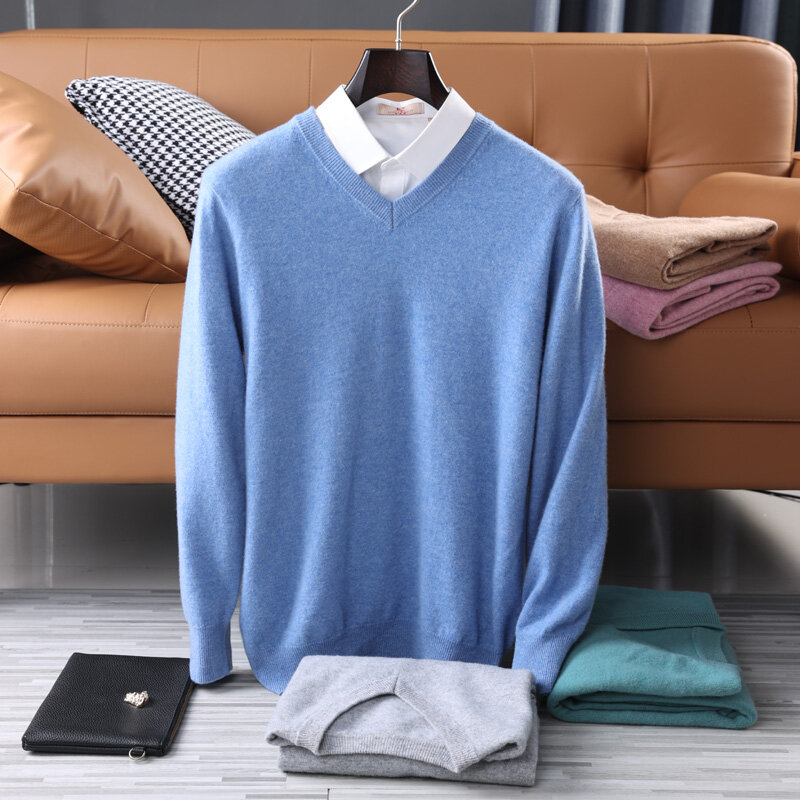 Мужской шерстяной трикотажный пуловер, Однотонный свитер из 100% чистой австралийской шерсти с длинным рукавом и V-образным вырезом, зима 2021