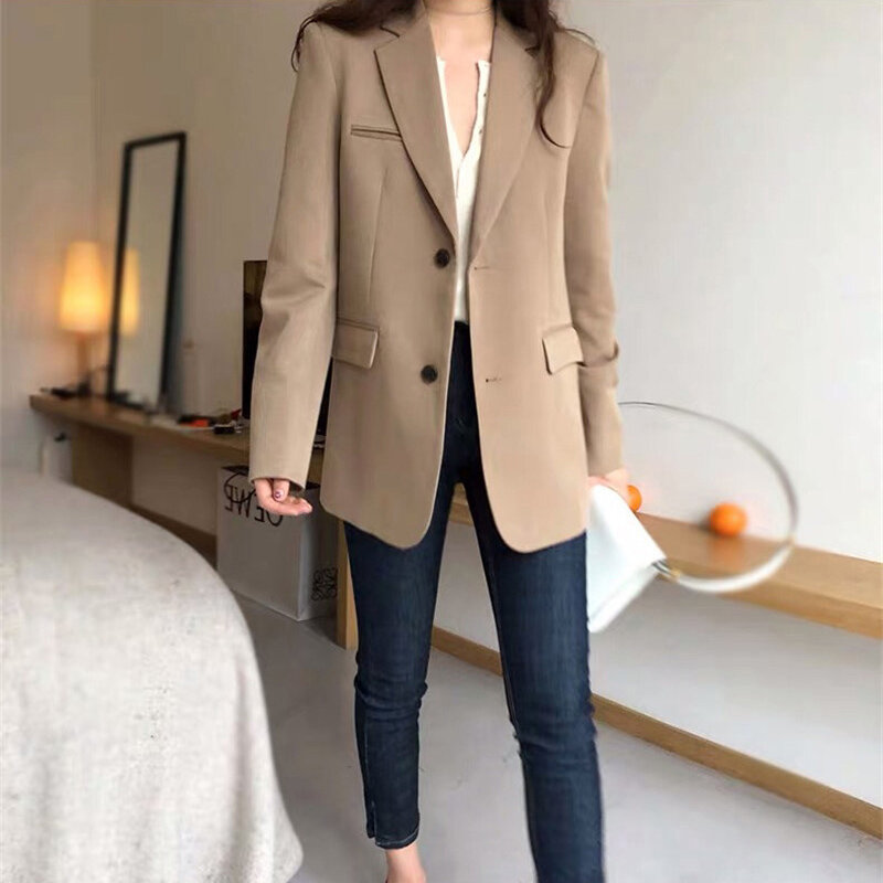 Aelegantmis primavera nueva moda Blazer chaqueta mujer Casual bolsillos de manga larga traje de trabajo abrigo Oficina señora sólido Slim Blazers 2020