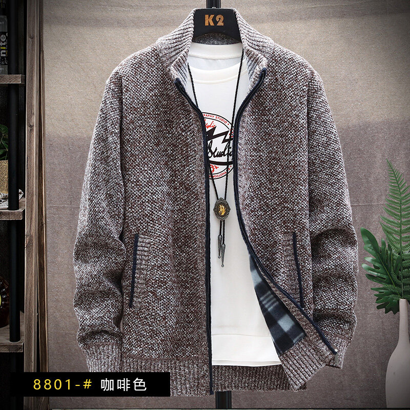 Men's Winter Spring Fleece Sweater Zipper Cardigan Korean Warm Jacket Coat Sports Male Jumper Knit Clothing Brown Jacket