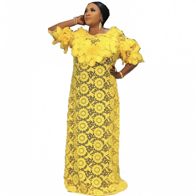 슈퍼 사이즈 레이스 드레스 2021 새로운 아프리카 여성 대시 패션 수용성 레이스 느슨한 자수 긴 드레스 아프리카 의류