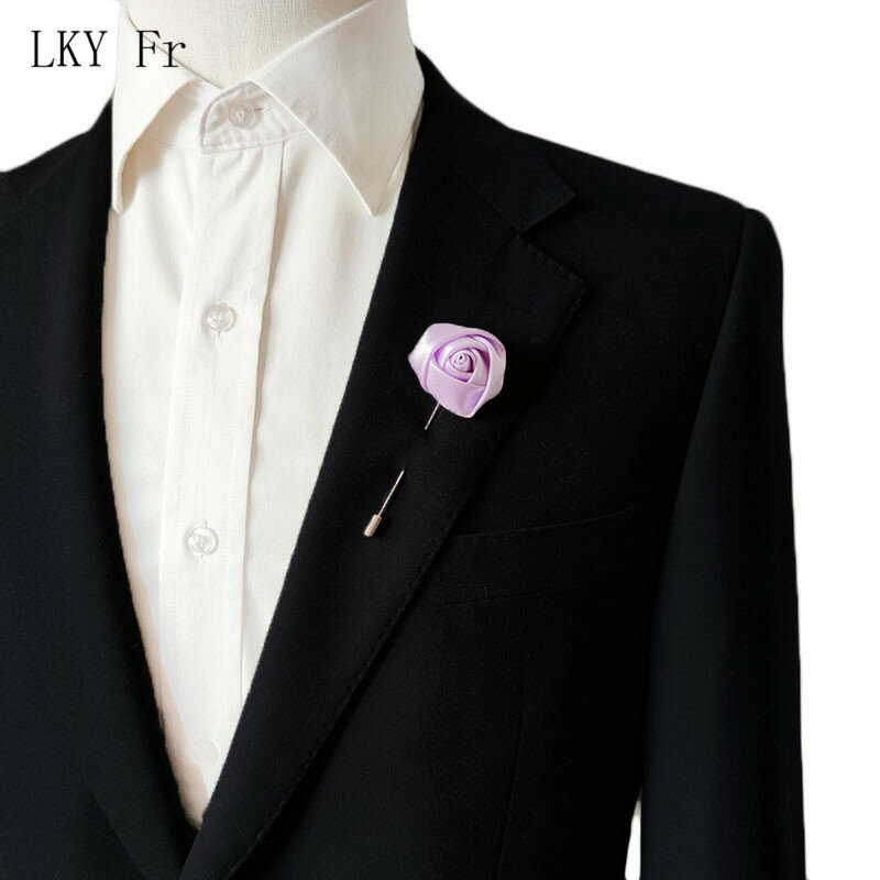 LKY Fr alfileres de Boutonniere, decoración de boda, broche de flores, cinta de seda, rosas, ramillete rojo, ojal, accesorios de traje de matrimonio para hombres