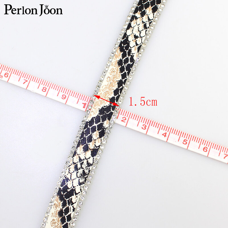 1 yard Leopard Python printing Leather hot fix tape ribbon crystal rhinestone decoration iron on shoes clothing accessories