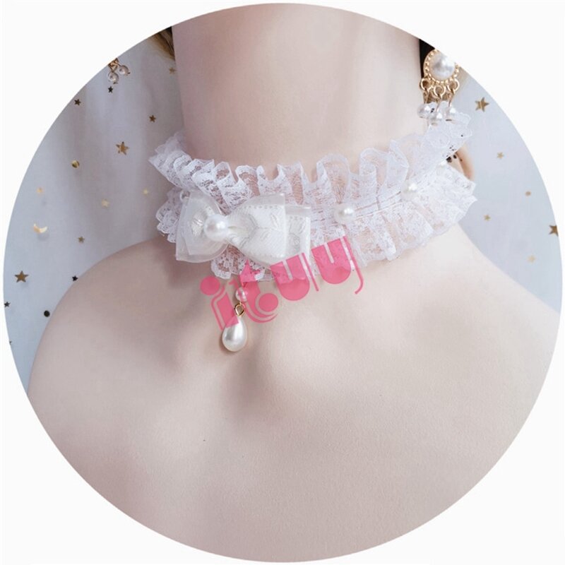 Handmake Lolita Girl KC-colgante de perlas con lazo, pulsera de manga de mano de encaje, collar, accesorios de novia, adornos