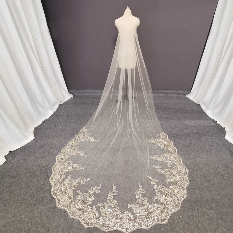 Champagne Lace Long Wedding Veil Shine Sequins Lace Soft Tulle Bridal Veil with Comb Cathedral Veil Wedding Accessories