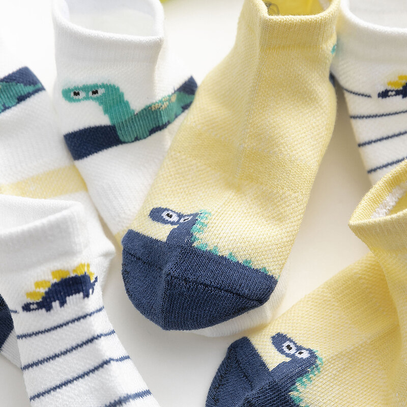Conjunto de 5 pares/lote de meias de algodão para o bebê, dinossauro, bonito, fino, malha, colorido, para as crianças, novo, primavera, verão