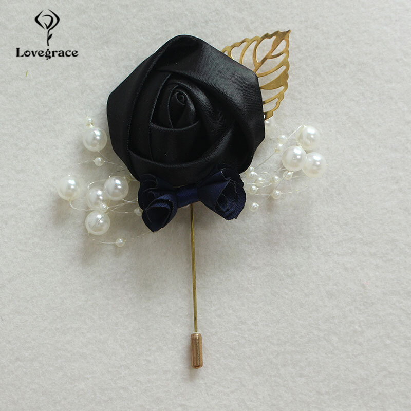 Lovegrace-ورود من الحرير الصناعي بأوراق ذهبية لعروة الزفاف ، وخرز صناعي ، وزينة للعريس