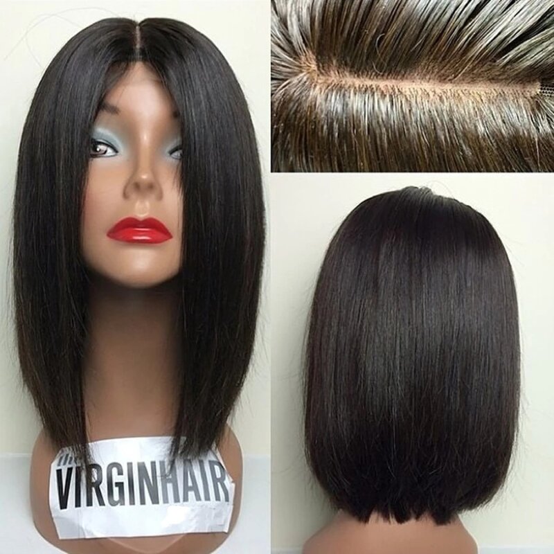 Perruque Bob Lace Front Wig naturelle malaisienne Remy, cheveux courts, base de peau, 5x5, partie libre, noir naturel