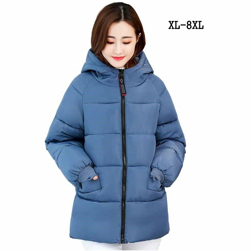 Jaket wanita bertudung, 8XL musim dingin, mantel katun tebal, pakaian luar bertudung longgar, ukuran besar