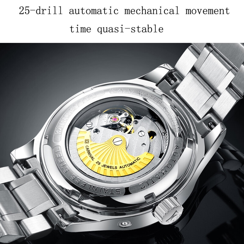 CARNIVAL-Reloj mecánico automático para Hombre, de acero inoxidable cronógrafo deportivo, resistente al agua, con pantalla de energía cinética, marca de lujo