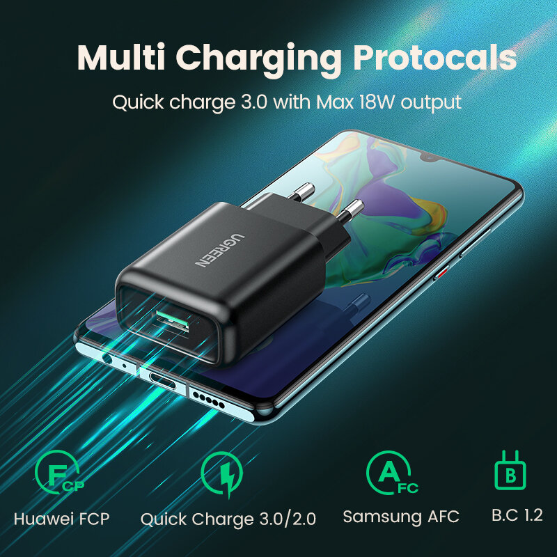 Ugreen — Chargeur mural USB, QC 3.0, 18 W, charge rapide, pour téléphone, Samsung S10, Huawei, Xiaomi, iPhone