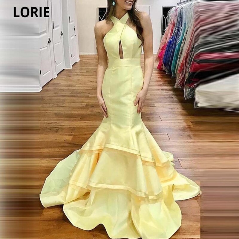 LORIE – robe De soirée plissée en Satin jaune, sans manches, forme sirène, col licou, robes De bal