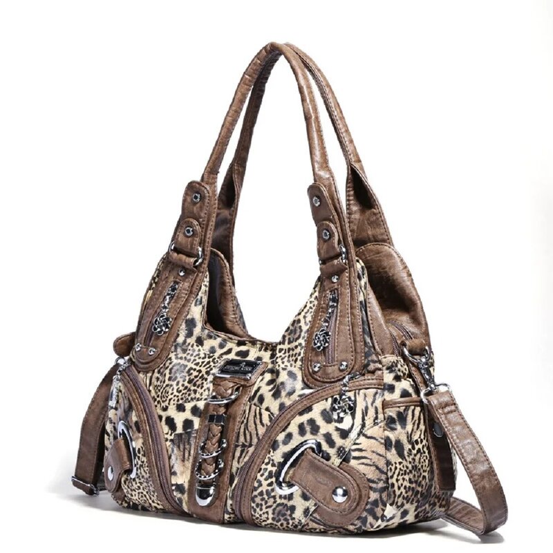 Angelkiss-Bolso de mano con estampado de leopardo para mujer, bolsa de hombro con asa superior, a la moda, grande
