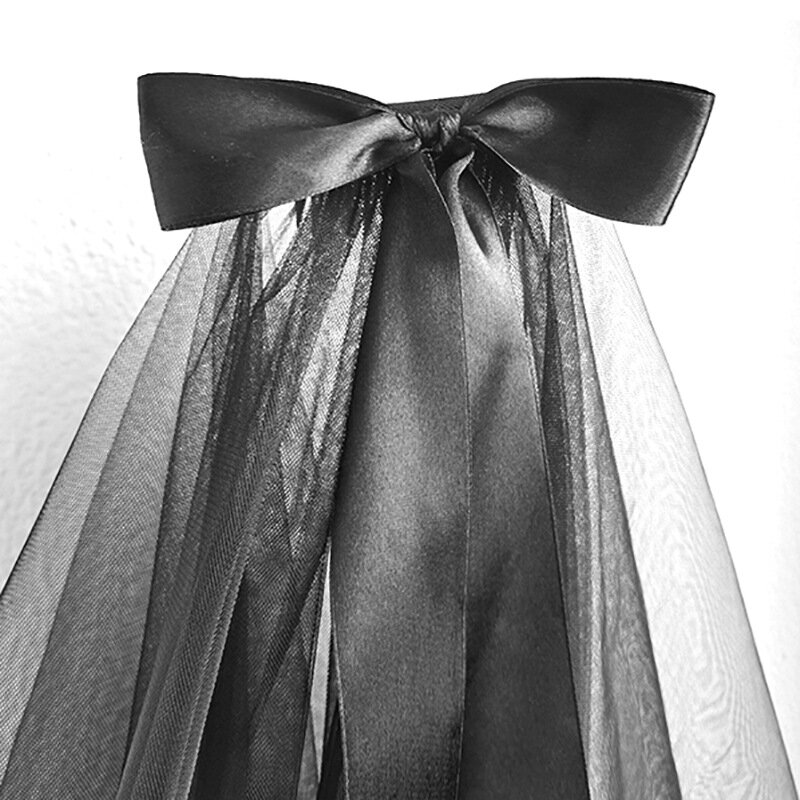 Véu nupcial de fita preta para mulheres, tule, cosplay de Halloween, véus de duas camadas com pentes