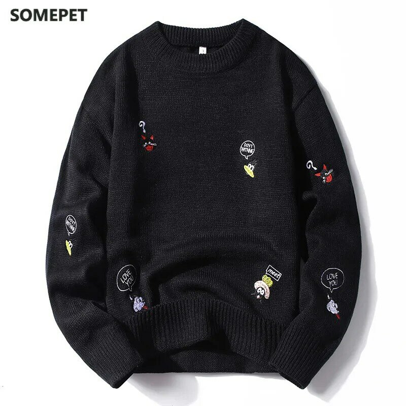 Zimowy dzianinowy haftowany sweter męski Harajuku hiphopowy sweter sweter Jumper mężczyźni odzież moda kreskówka para swetry