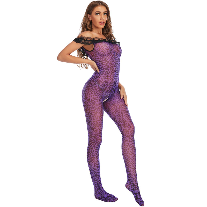 Lingerie sexy roxa roupa íntima leopardo impressão de seda corpo inteiro meia-calça body