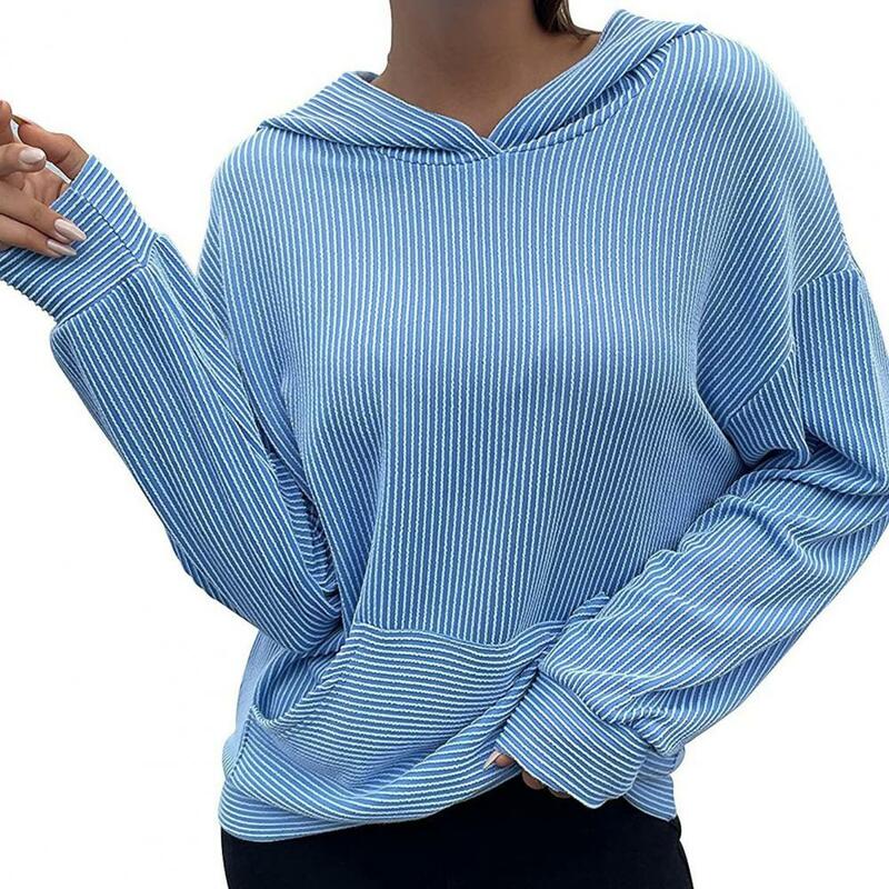 Hoodie Pullover Saku Depan Warna Solid Mantel Blus Kaus Wanita Berpenutup Bergaris Lengan Panjang Musim Gugur