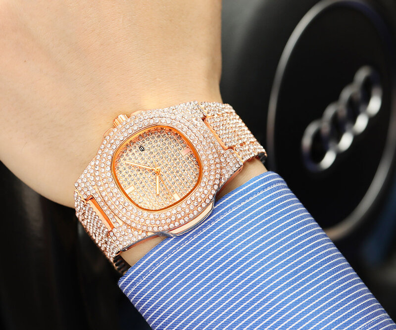 Luxury Men Watch Sliver Rose Gold Watches Men Diamond Stainless Steel Quartz Wristwatch Dress Business Date Clock