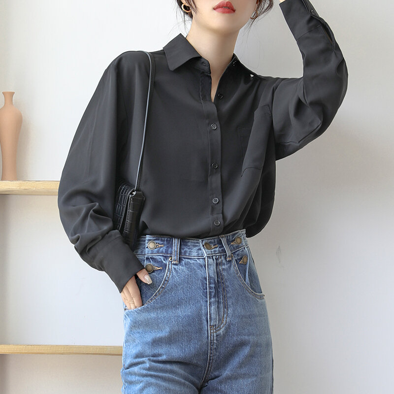 Womens Tops and Blouses Lapel Solid Color Pocket Vintage Shirt Long Sleeve Shirt Professional OL Top