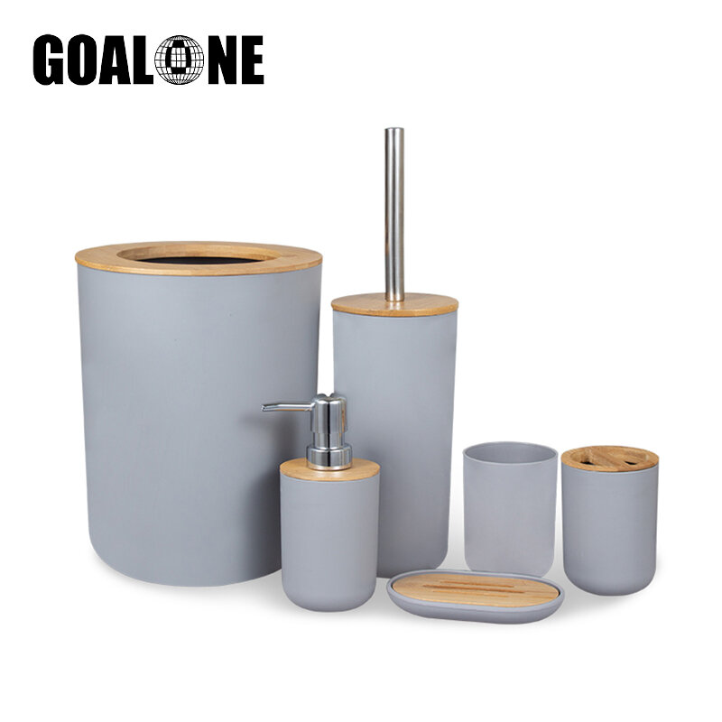 Set di accessori per il bagno 6 pezzi Kit da bagno in bambù portaspazzolino Dispenser di sapone scopino per wc cestino Set da bagno essenziale