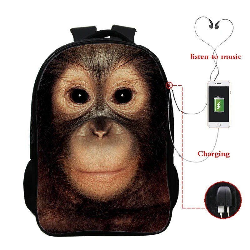 Mochila engraçada com estampa de rosto de macaco, mochila escolar 3d para meninos e meninas adolescentes, bolsa para livros, carregamento usb, bolsa escolar