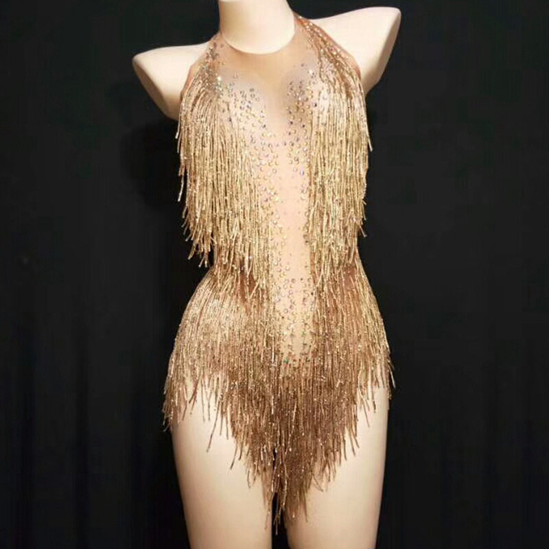 Gemerlapan Emas Rumbai Bodysuit Wanita Berlian Imitasi Pakaian Berkilau Manik-manik Kostum Satu Potong Dansa Pakaian Penyanyi Tahap Leotard Bulang