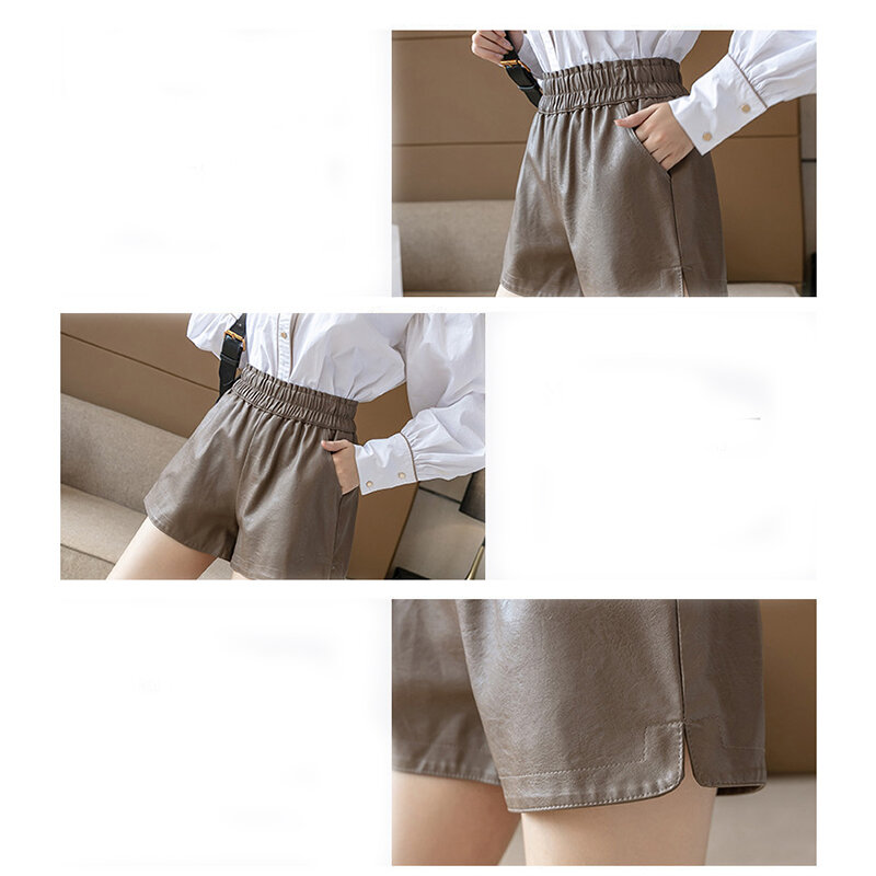 LJSXLS-PU shorts de couro feminino com bolsos, perna larga casual, cintura alta, shorts femininos soltos, preto, 9 cores, outono, 2021
