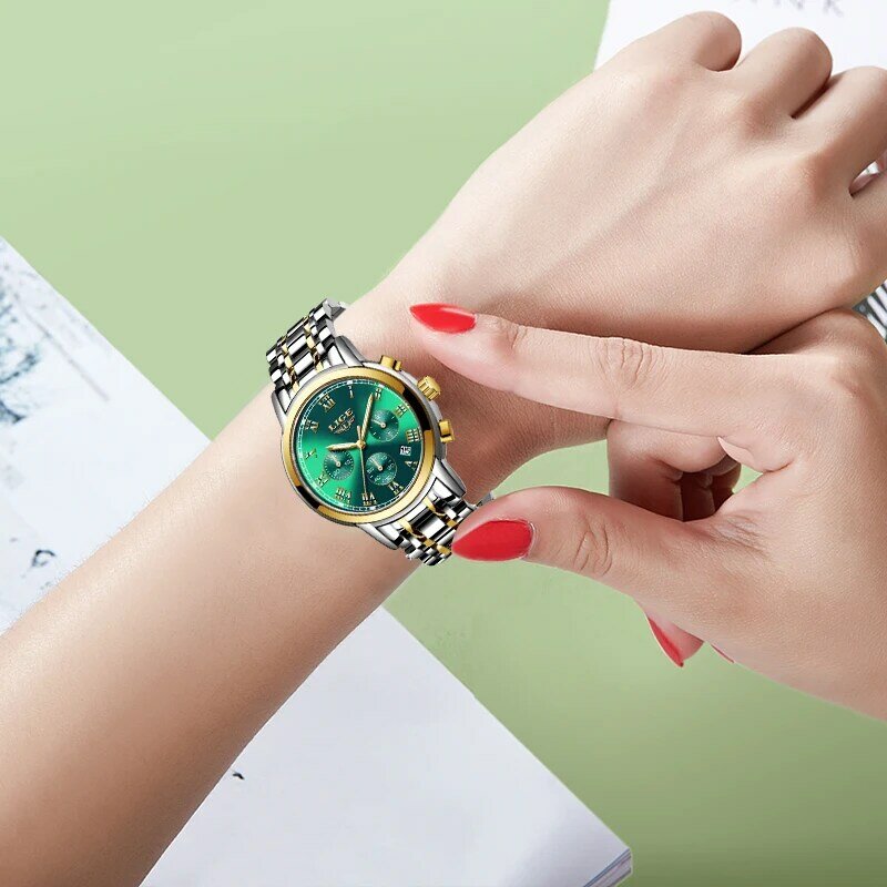 2022 LIGE แฟชั่นผู้หญิงนาฬิกาข้อมือสุภาพสตรีแบรนด์หรูกันน้ำนาฬิกา Quartz Gold สแตนเลสวันที่สวมใส่นาฬิ...