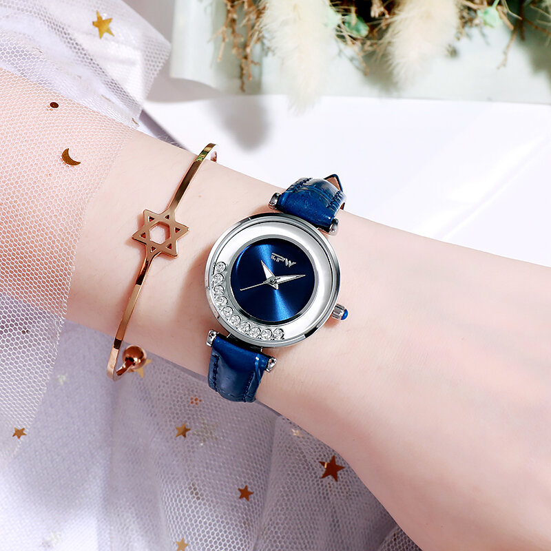 Rolling Gemstone relógios para mulheres, movimento japonês, luz, ouro rosa, pulseira de aço inoxidável, moda de luxo feminina
