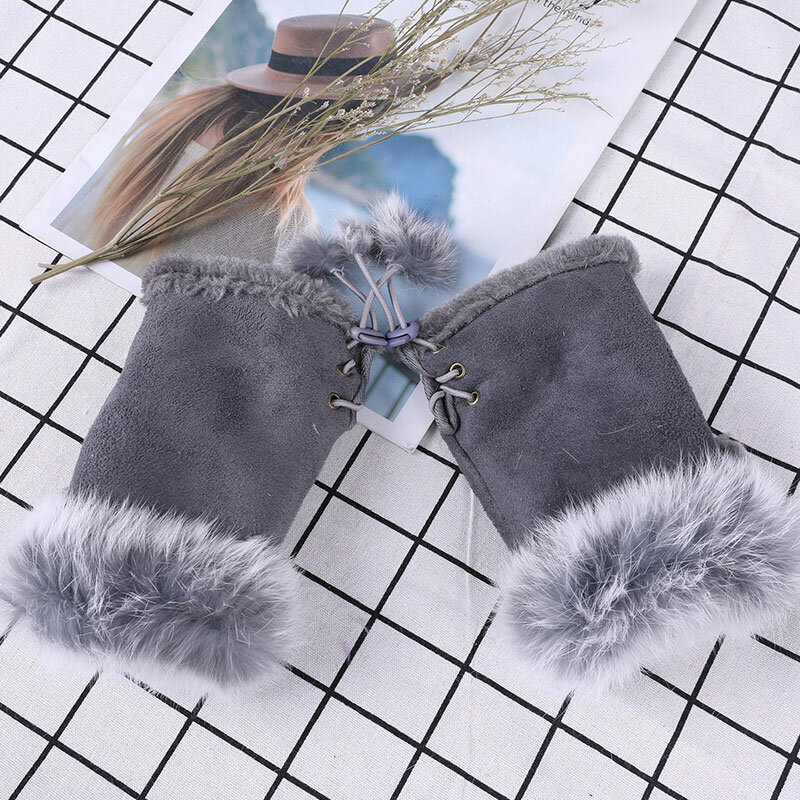 1 Pair Half-Finger Gloves Women Winter Warm Gloves Sexy Faux Rabbit Fur Hand Wrist Warmer Fingerless Gloves Mittens For Ladies