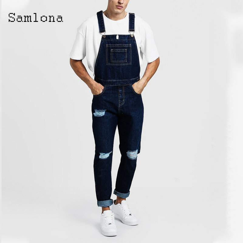 Samlona jumpsuit robek pria, Jeans Denim kasual mode Pantalons Musim Panas 2023